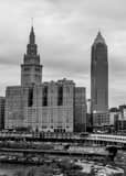 Vertical Cleveland Skyline from Hope Memorial Bridge landscape black and white Photography