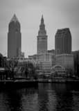 Vertical The Cleveland Skyline from Columbus Road black and white Photos