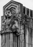 Vertical Loraine Carnegie Bridge Guardians of Transportation landscape black and white Photography