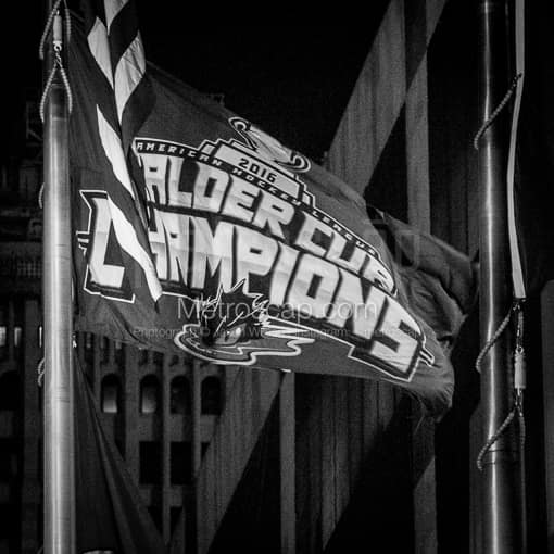 The Cleveland Monsters Calder Cup Champions Flag outside the Q -- Cleveland Black and White Photos
