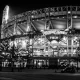 Square The World Series in Progressive Field at Night black and white Photos