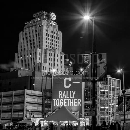 The Big Rally Together Banner behind Left Field -- Cleveland Black and White Photos