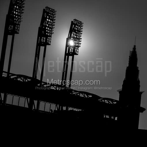 The Sun Shining Through the Lights at Jacobs Field. -- Cleveland Black and White Photos