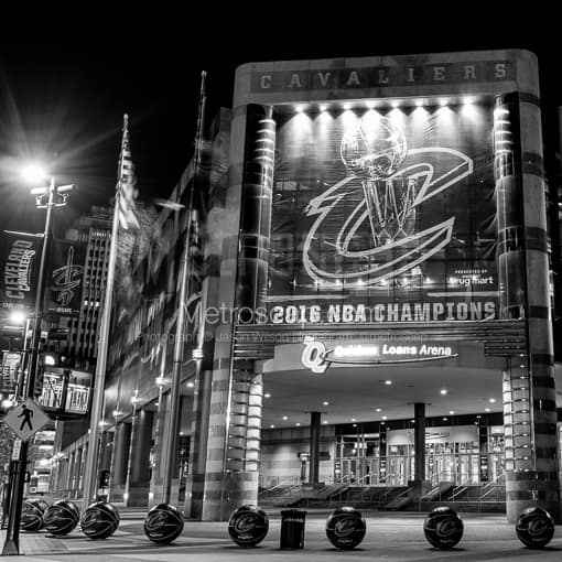 The Q at Night during the 2016 World Series -- Cleveland Black and White Photos