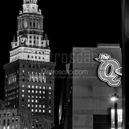 The Q and Terminal Tower at Night -- Cleveland Black and White Photos