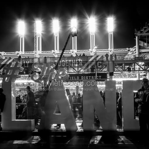 The Land Social Media Sign behind Left Field of Progressive Field -- Cleveland Black and White Photos