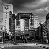Square University Hospital black and white