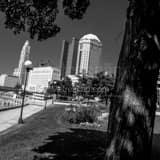 Square The Columbus Skyline from Bicentennial Park Framed Photos