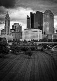 Vertical The Columbus City Skyline from the Lower Scioto Greenway black and white Photos