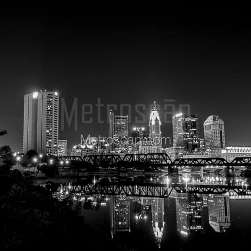 The Columbus Skyline Reflecting in the Scioto River -- Columbus Black and White Photos
