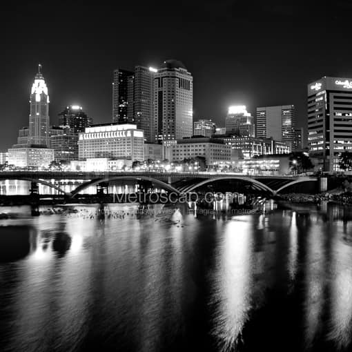 The Columbus Skyline and Town Street Bridge -- Columbus Black and White Photos