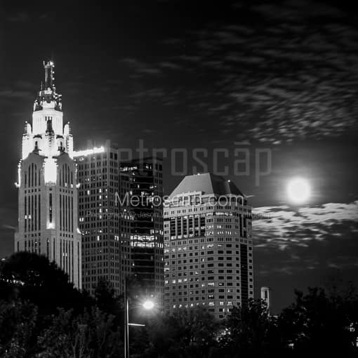 The Moonrises Behind the Columbus Skyline -- Columbus Black and White Photos
