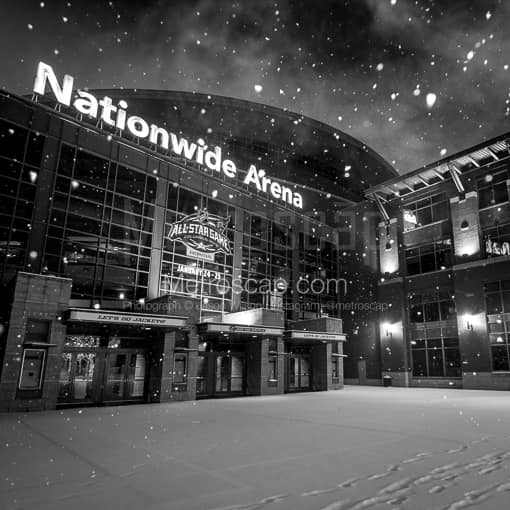 Nationwide Arena at Night in the Snow -- Columbus Black and White Photos