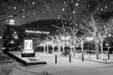 Horizontal Nationwide Arena in Snowfall at Night black and white Pictures