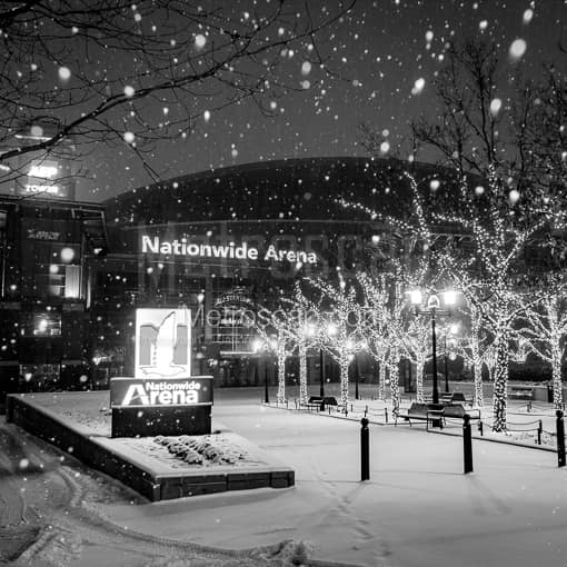 Nationwide Arena in Snowfall at Night -- Columbus Black and White Photos