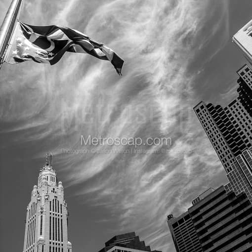 The Ohio Flag Waves Above the Columbus Skyline -- Columbus Black and White Photos