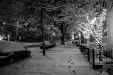 Horizontal A Snowy German Village Brick Sidewalk at Night landscape black and white Photography
