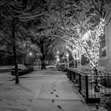 Square A Snowy German Village Brick Sidewalk at Night landscape black and white Photography