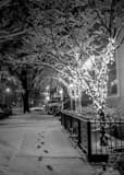 Vertical A Snowy German Village Brick Sidewalk at Night landscape black and white Photography