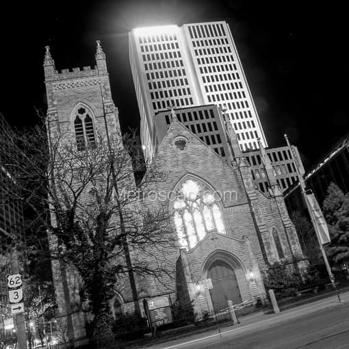 Matte Black WOOD Framed Black and White Columbus Photograph: The Trinity Episcopal Church at Third and Broad in a Square Matte Black Wood Frame