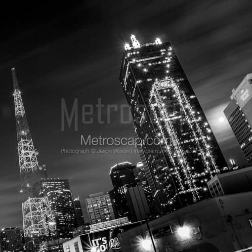 Downtown Dallas under a nearly Full Moon -- Dallas Black and White Photography
