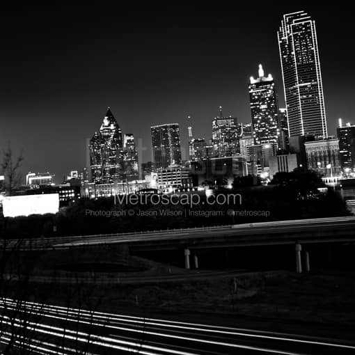 Downtown Dallas from above Interstate 35 -- Dallas Black and White Photography