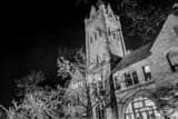 Horizontal Grey Chapel on Ohio Wesleyan University Campus black and white Photography