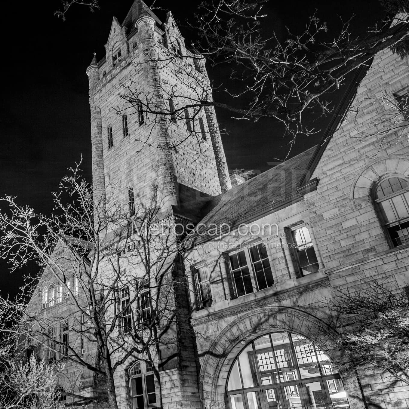 Grey Chapel on Ohio Wesleyan University Campus black and white Photography square crop