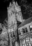 Vertical Grey Chapel on Ohio Wesleyan University Campus black and white Photography
