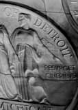 Vertical The City of Detroit Seal at Night landscape black and white Photography