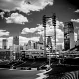 Square Comerica Park and the Detroit Skyline landscape black and white Photography