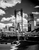 Vertical Comerica Park and the Detroit Skyline landscape black and white Photography