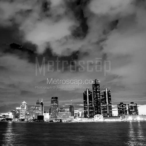 Detroit Black and White Photos of Detroit Michigan Skyline from Windsor Ontario Canada Detroit Michigan Skyline from Windsor Ontario Canada -- Detroit Black and White Photos