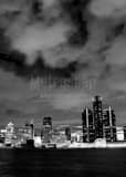 Vertical Detroit Michigan Skyline from Windsor Ontario Canada landscape black and white Photography