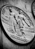 Vertical The Seal of the City of Detroit on the Spirit of Detroit Sculpture landscape black and white Photography