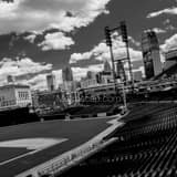 Square The Detroit Skyline from Comerica Park landscape black and white Photography