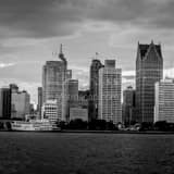 Square The Detroit Skyline from Windsor landscape black and white Photography