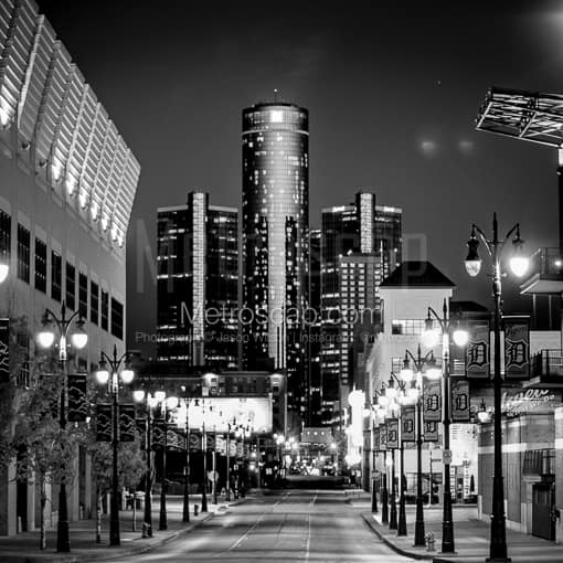 The GM Renaissance Center from Brush Street -- Detroit Black and White Photography