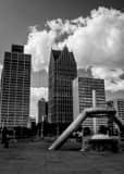 Vertical Hart Plaza landscape black and white Photography