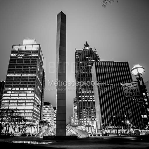 Detroit Black and White Photos of The Stainless Steel Pylon in Hart Plaza and Downtown Detroit Skyline The Stainless Steel Pylon in Hart Plaza and Downtown Detroit Skyline -- Detroit Black and White Photos