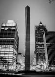 Vertical The Stainless Steel Pylon in Hart Plaza and Downtown Detroit Skyline landscape black and white Photography