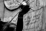 Horizontal The Inscription on the Spirit of Detroit Statue landscape black and white Photography