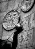Vertical The Inscription on the Spirit of Detroit Statue landscape black and white Photography