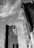 Vertical Sweeping Clouds behind the Wells Fargo Buildings black and white Photos
