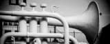 Panoramic The Big Trumpet at Old Galveston Square landscape black and white Photography