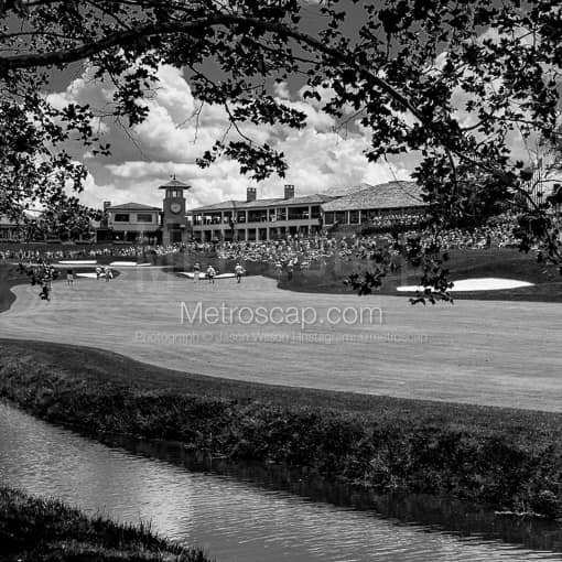 Matte Black WOOD Framed Black and White Golf Photograph: Muirfield Village Golf Club Number Eighteen Approach Shot in a Square Matte Black Wood Frame