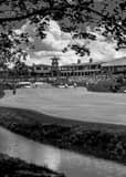 Vertical Muirfield Village Golf Club Number Eighteen Approach Shot landscape black and white Photography