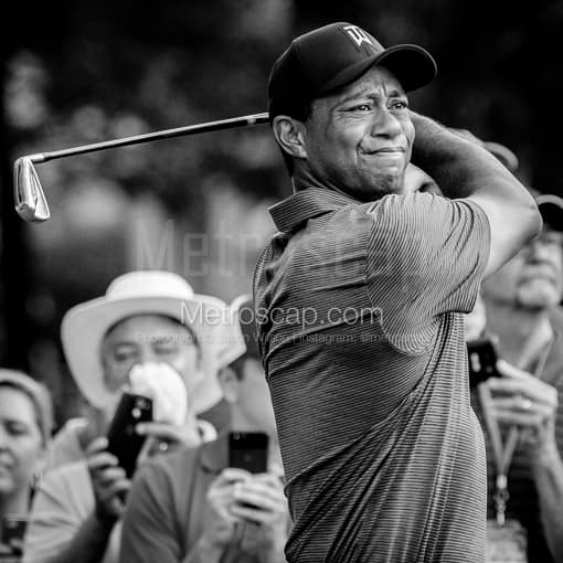 Matte Black WOOD Framed Black and White Golf Photograph: Tiger Woods Golf Swing Follow Through in a Square Matte Black Wood Frame