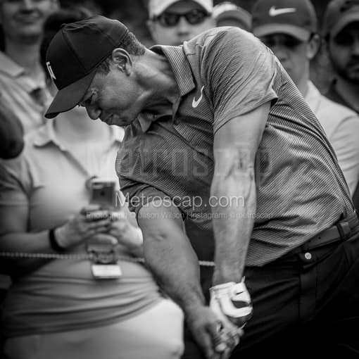 Matte Black WOOD Framed Black and White Golf Photograph: Tiger Woods Hitting Driver in a Square Matte Black Wood Frame