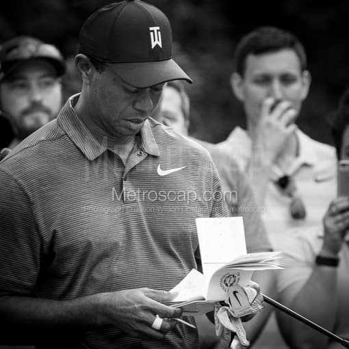 Matte Black WOOD Framed Black and White Golf Photograph: Tiger Woods Yardage Book in a Square Matte Black Wood Frame